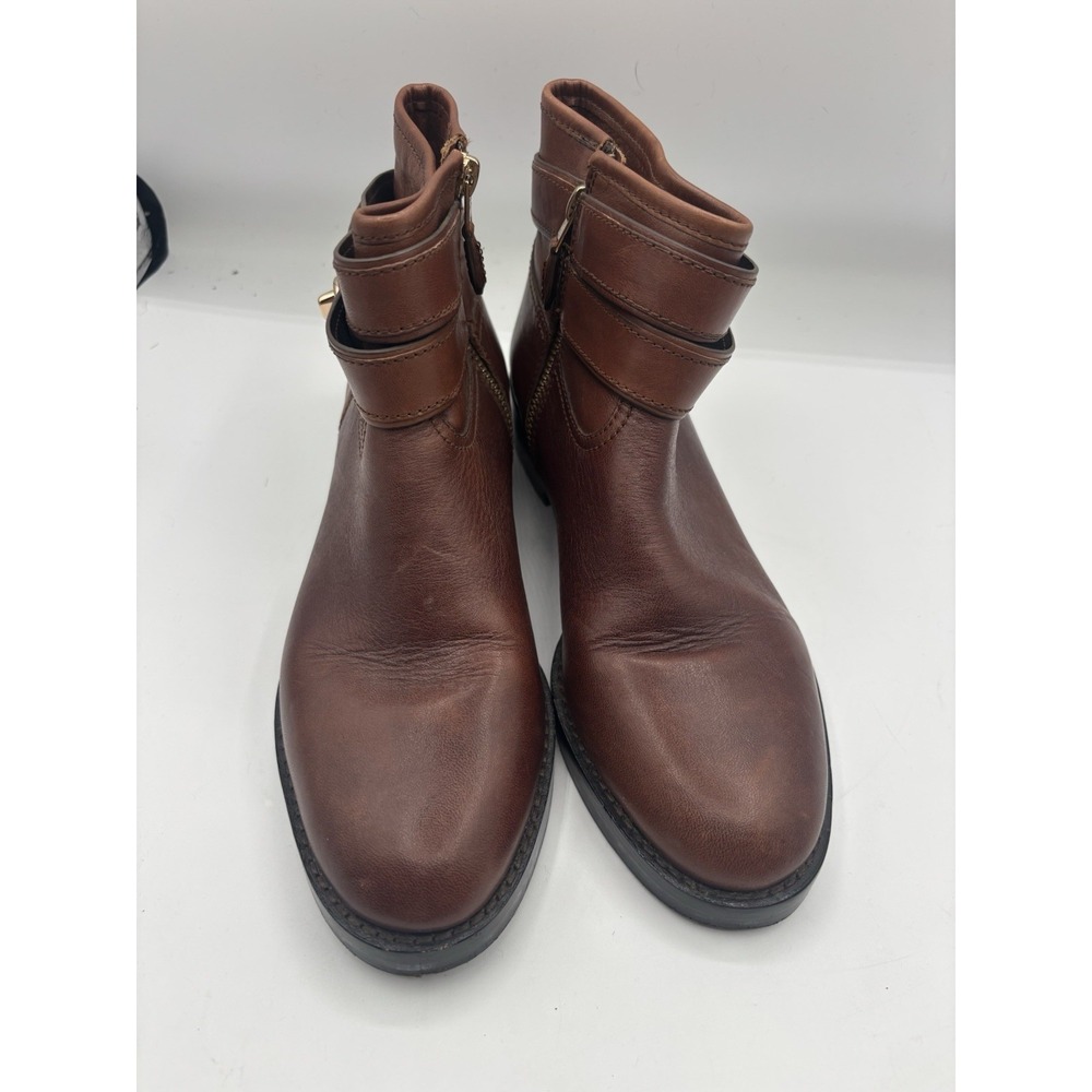 Coach NY Elton Ankle Booties Leather Sz 7 EUR 37 Brown Chelsea Shoes Gold Buckle